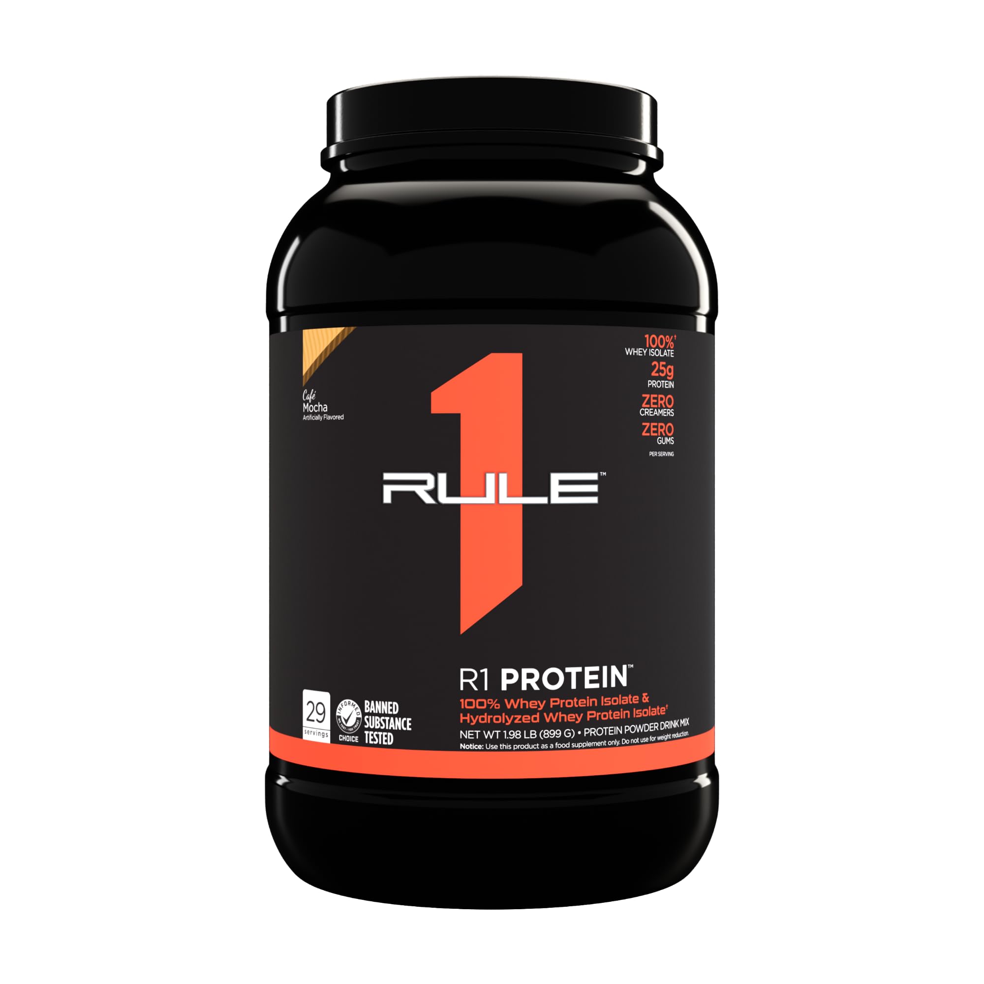 Rule One Proteins, R1 Protein - cafe Mocha, 25g Fast-Acting, Super-Pure 100 Isolate and Hydrolysate Protein Powder with 6g BcAAs