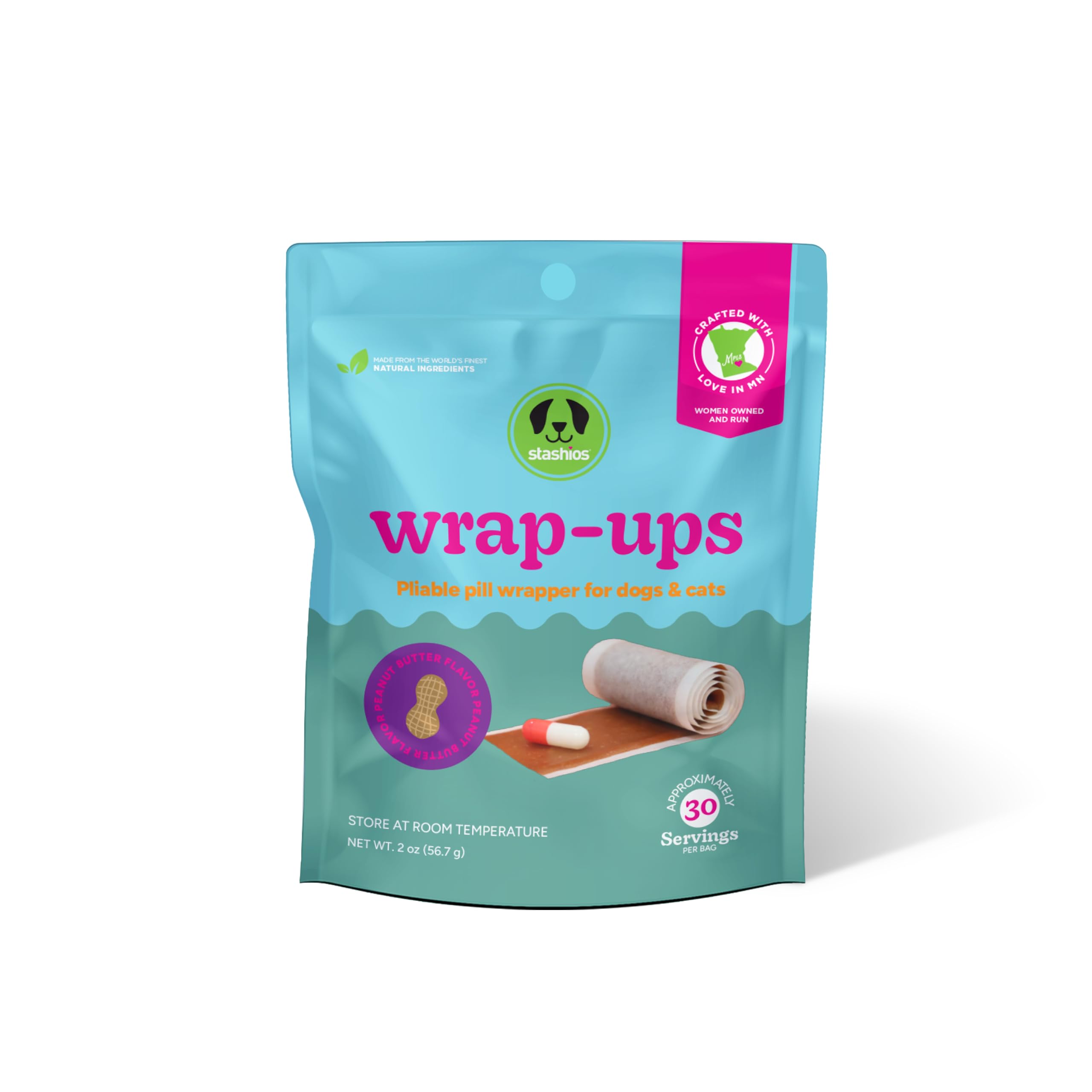 Stashios: Wrap-Ups: Pill Wrapper - Peanut Butter - 30 Servings Bag, Dogs & Cats, Pet Treat Hides Any Size Pills, All Natural Lim