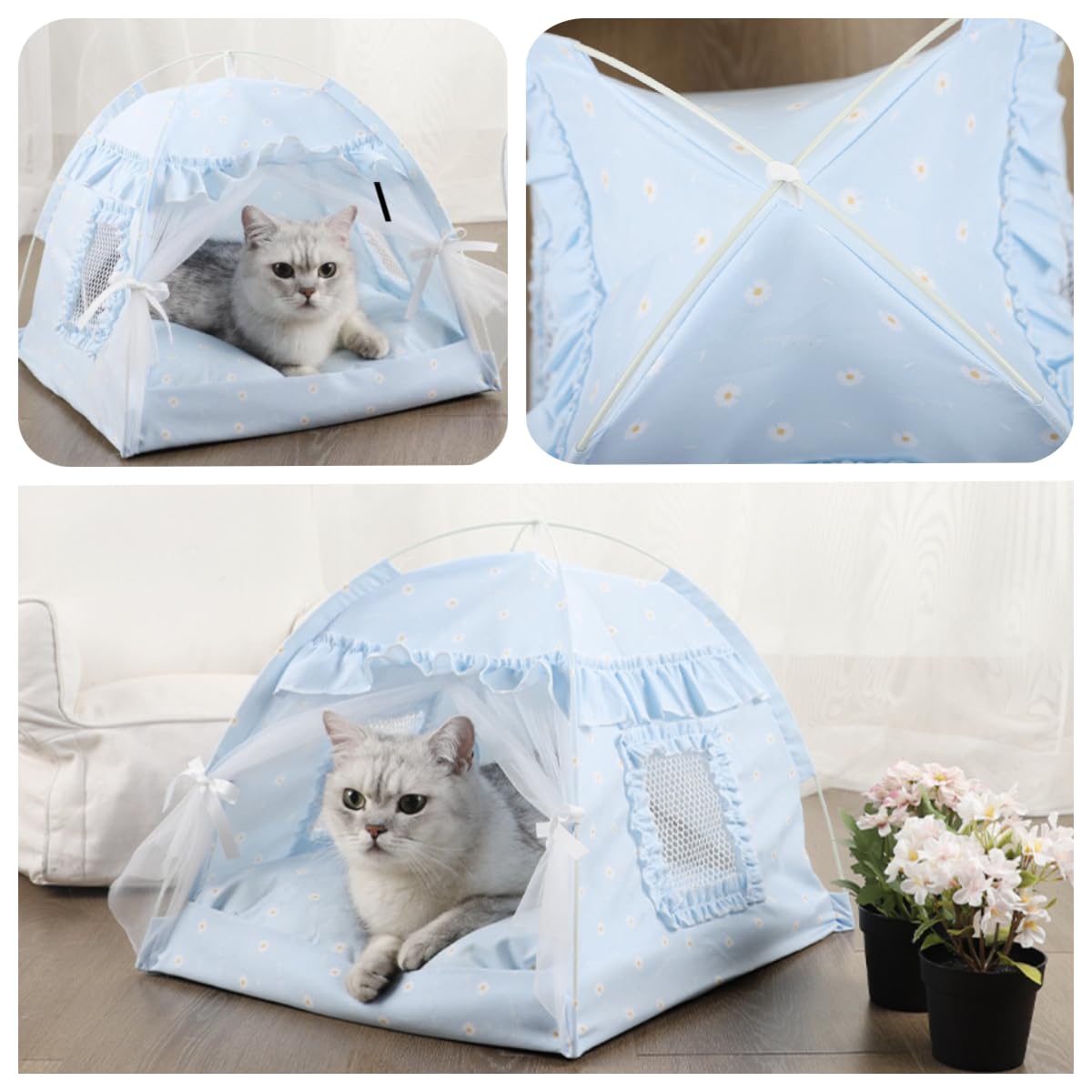 Cat Bed Tents Dog House Indoor Outdoor Lace Mesh Breathable Windows Door Curtains Removable Portable Nest Teepe House (Small,Blu