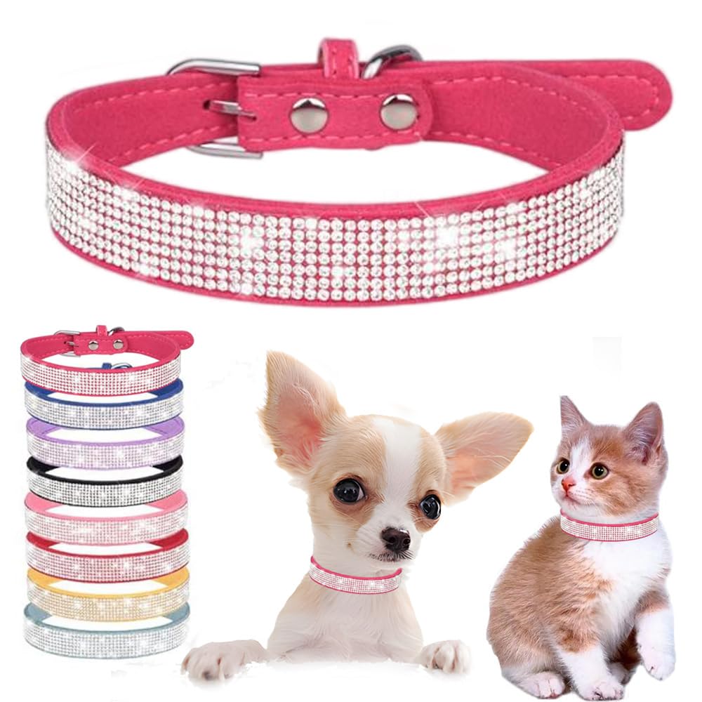 Hot Pink Diamond Cat Collar, Bling Dog Collar Girl Rhinestone Puppy Collar Female Sparkly Sparkle Jewelry Cute Adjustable For Xx