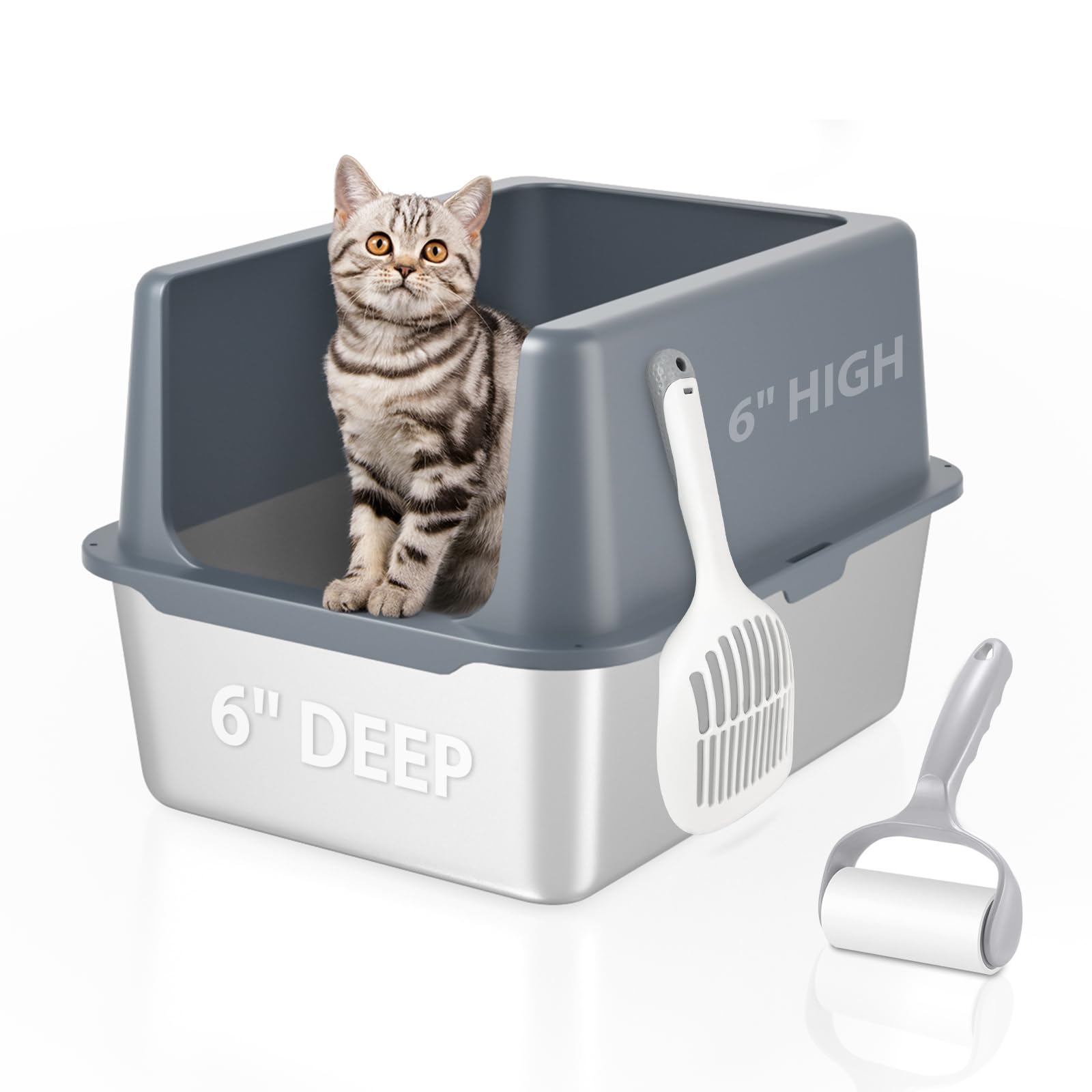Lihoooom Litter Box With Lid, Stainless Steel Litter Box, 12'' Metal Litter Pan High Sides, Small Litter Tray For Kittens, Cat L