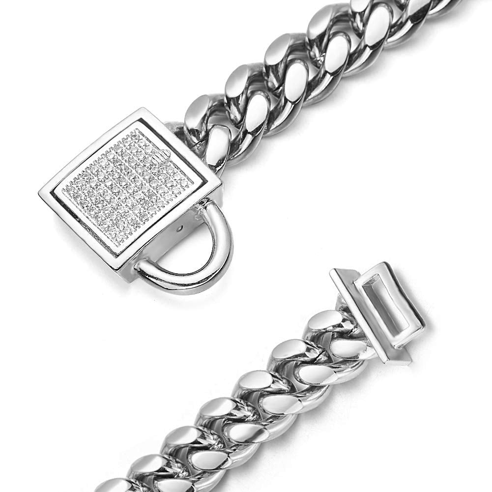 Aiyidi Dog Chain Collar 10Mm Wide Cuban Link Puppy Collar 316L Stainless Steel With Cz Diamond Lock Bling Collar For Medium Dogs