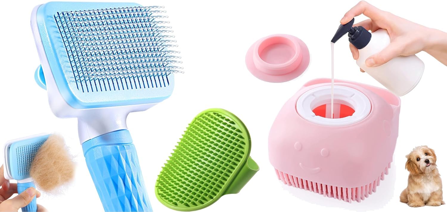 Dog Trust 3 Pcs Self Cleaning Slicker Shedding Brush Pet Grooming Bath Massage Brush Suitable For Long Short Haired Dog Cat With
