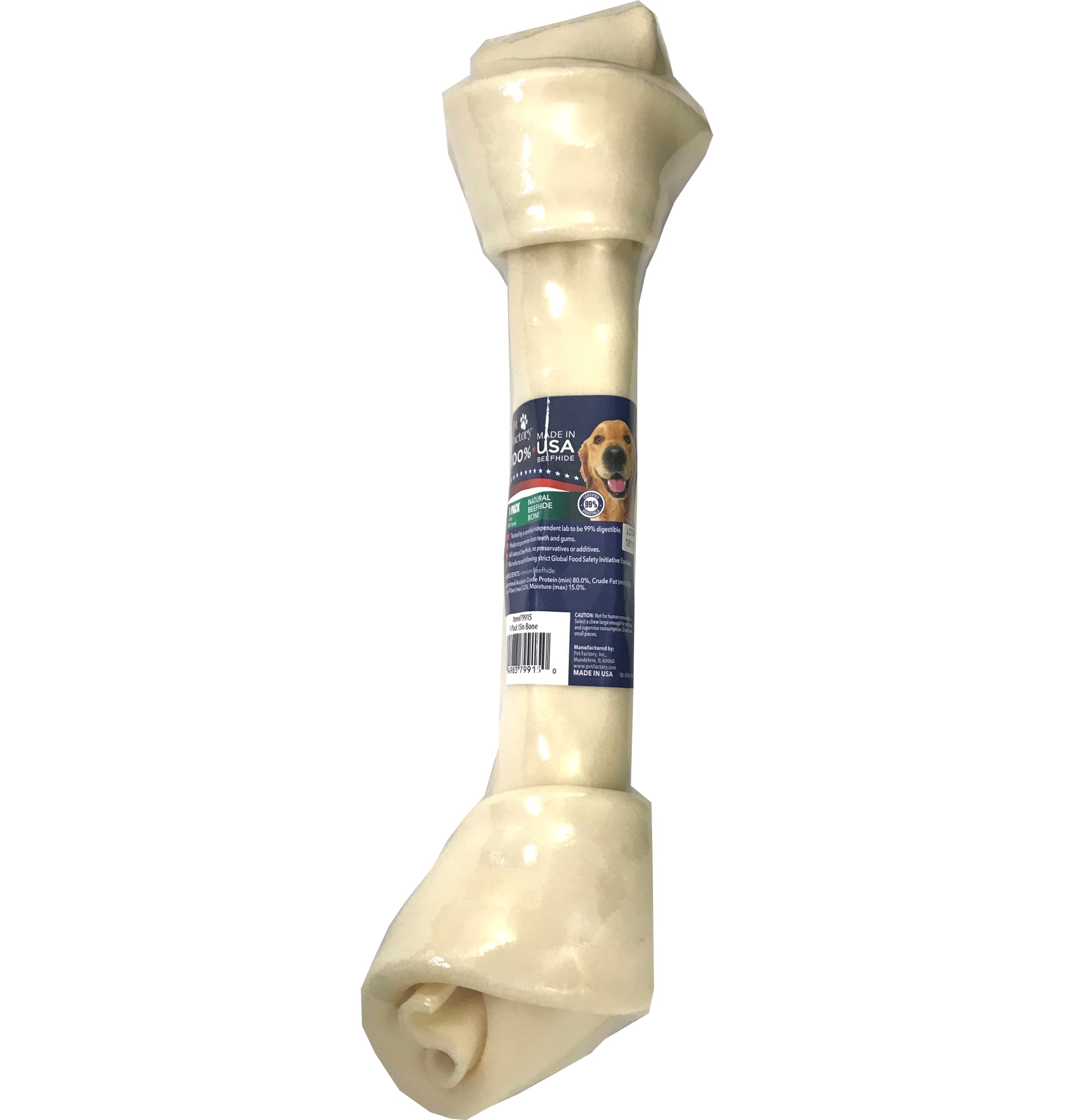 Pet Factory 100% Made in USA Beefhide 15-17 Knotted Bone Dog Chew Treat - Natural Flavor, 1 Count/1 Pack