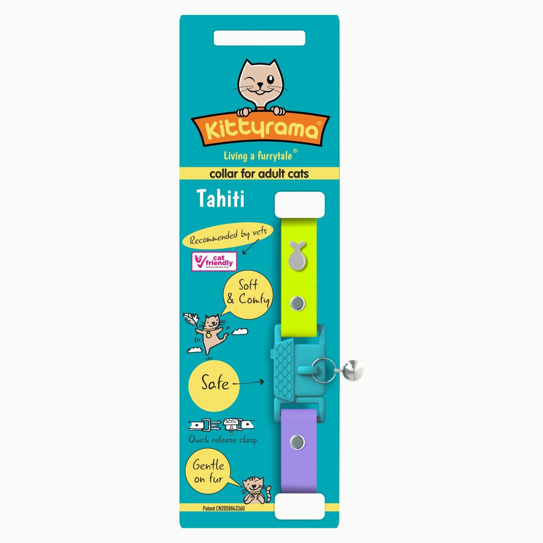 Kittyrama Tahiti Cat Collar with Bell. Cat Friendly Award Winner. Approved by Vets and Cat Experts. Breakaway Cat Collars Quick