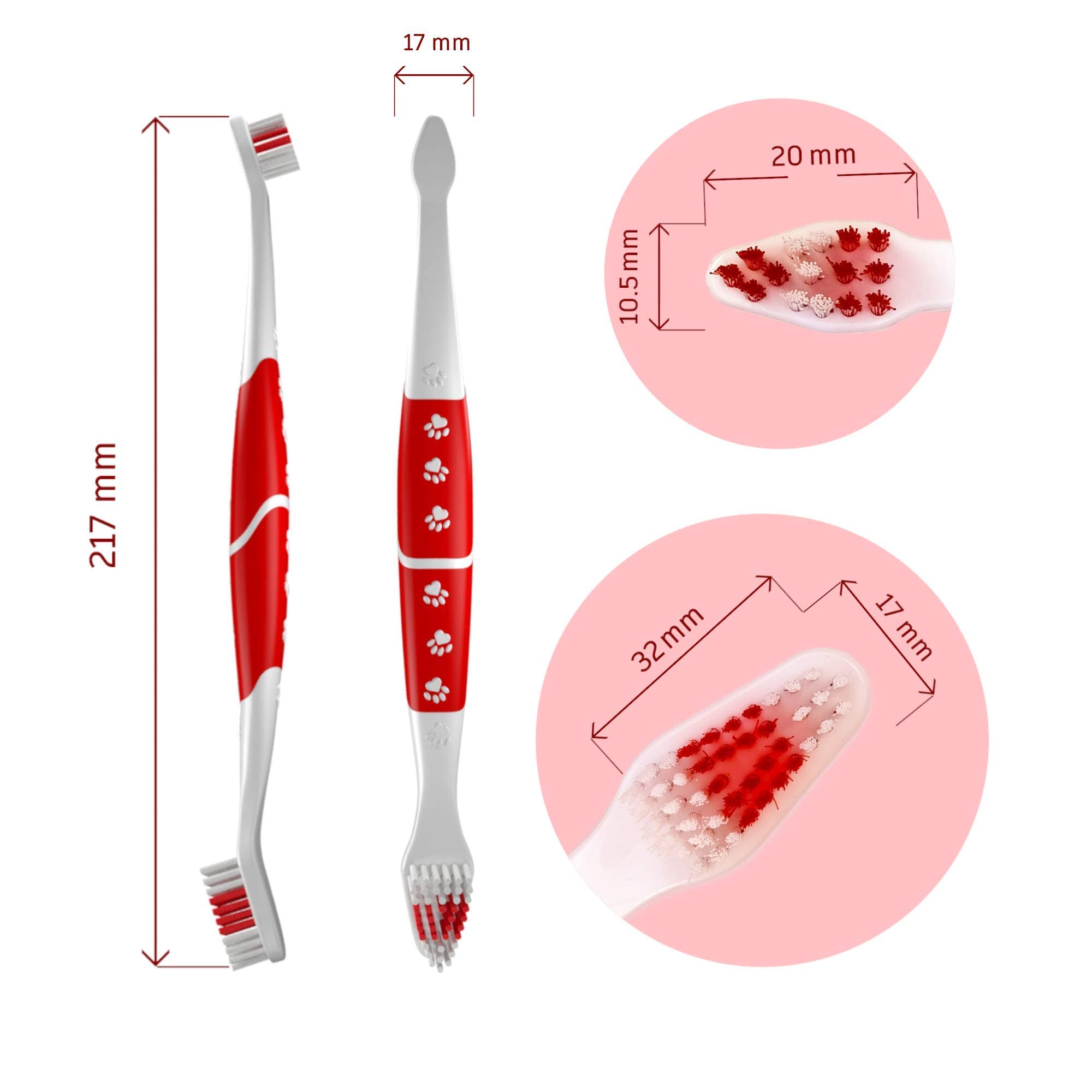 Pets & Pupps Pet Toothbrush for Dogs & Cats, Soft Bristles, Non-Slip Dual Head, Pack of 1, White & Red