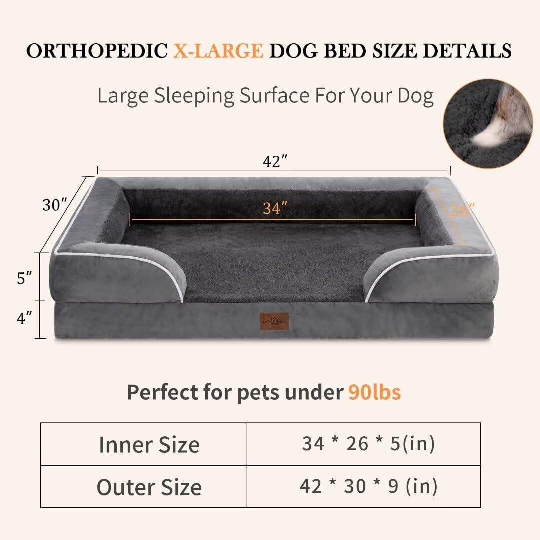 Comfort Expression Cooling Dog Bed, Memory Foam Orthopedic Dog Bed, Dog Beds For Extra Large Dogs, Xl Dog Bed With Removable Cover, Waterproof Pet Bed Large With Bolster(X-Large,Leaden Grey)