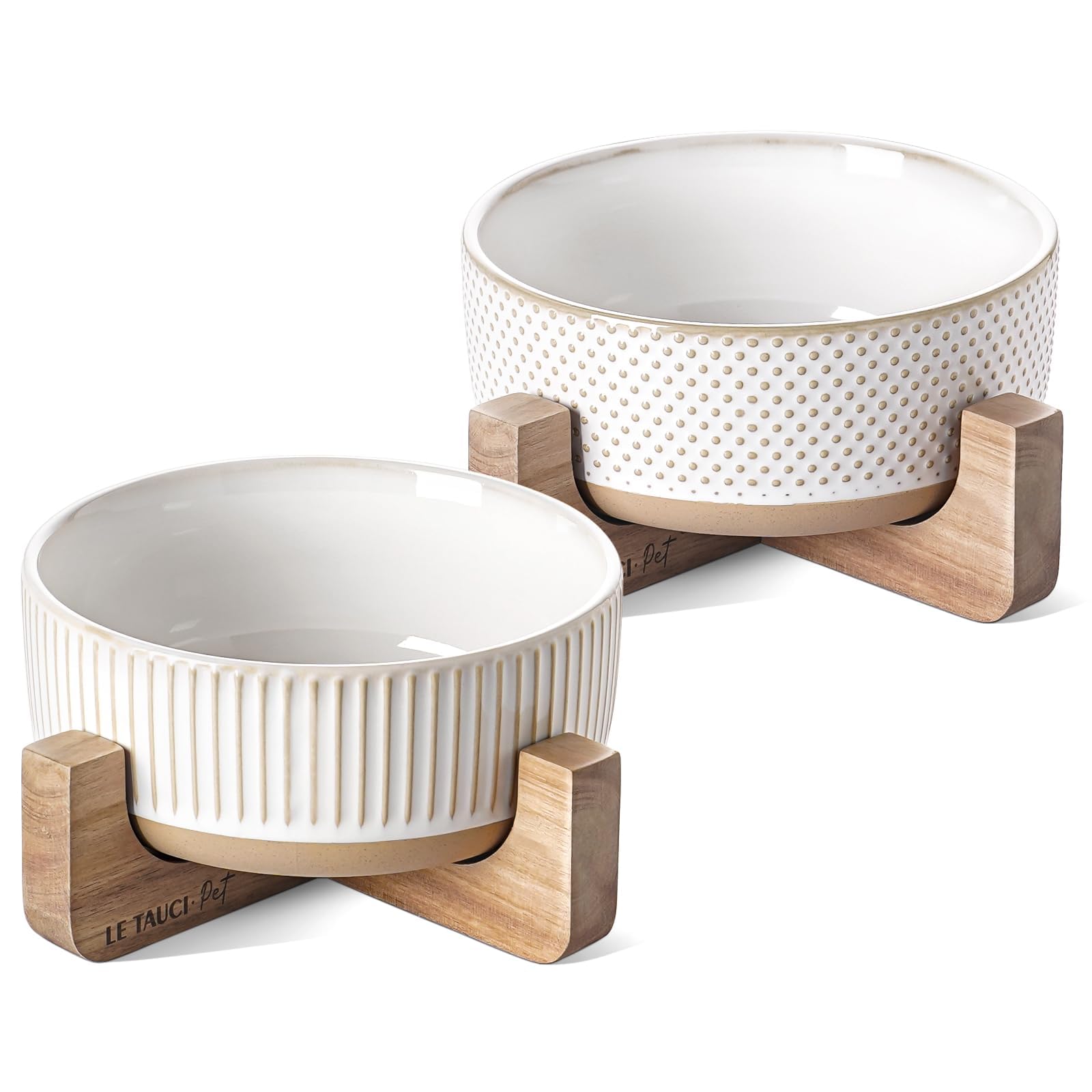 Ceramic Dog Bowls for Small & Medium Dogs - 4 Cup Small Dog Food and Water Bowls with Wood Stand, Cute Pet Dishes Set of 2, Line