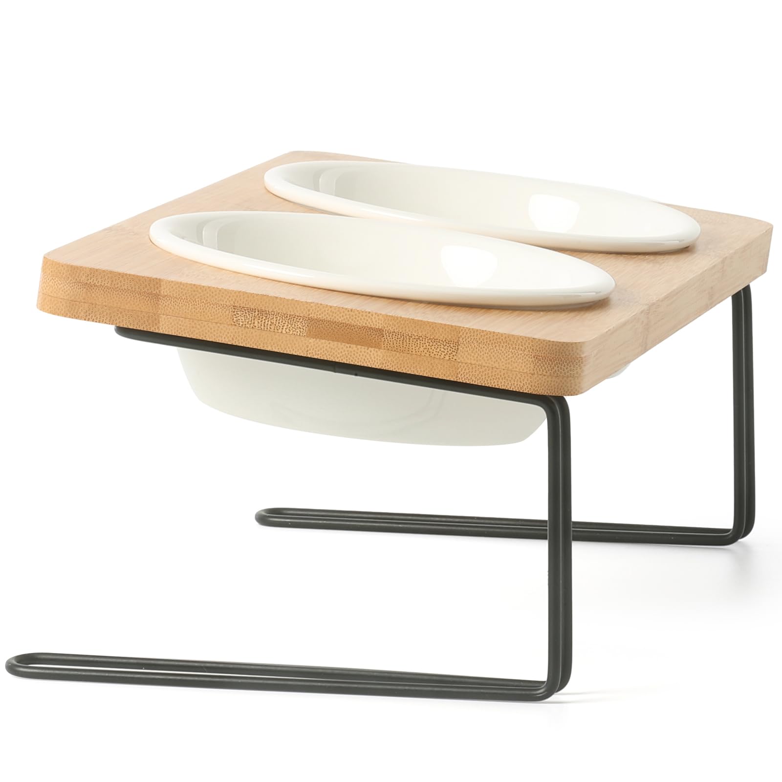 FUKUMARU Elevated Cat Ceramic Bowls, Small Dog 15 Tilted Raised Food Feeding Dishes, Solid Bamboo Water Stand Feeder Set for Cat