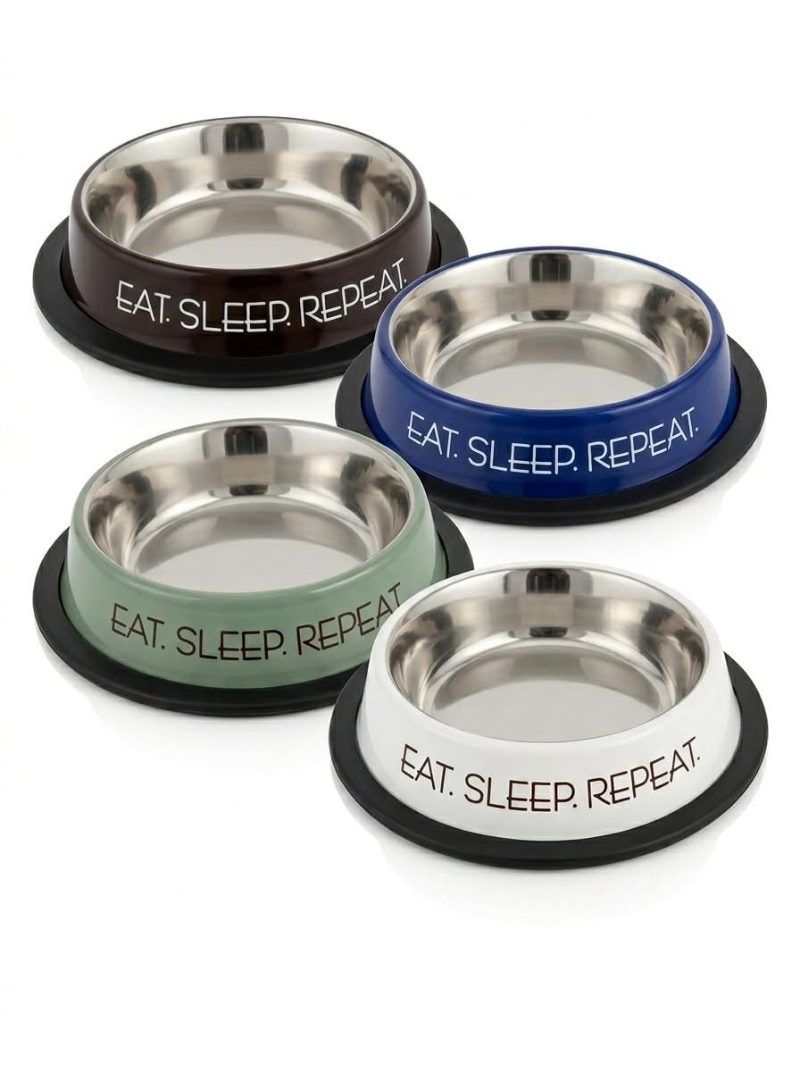 Furry Freak Stainless Steel Dog Food Bowls 200Ml Pack Of 4, Multicolor, AntiSkid Rubber Base Pet Feeding Bowls For Small Dogs, 