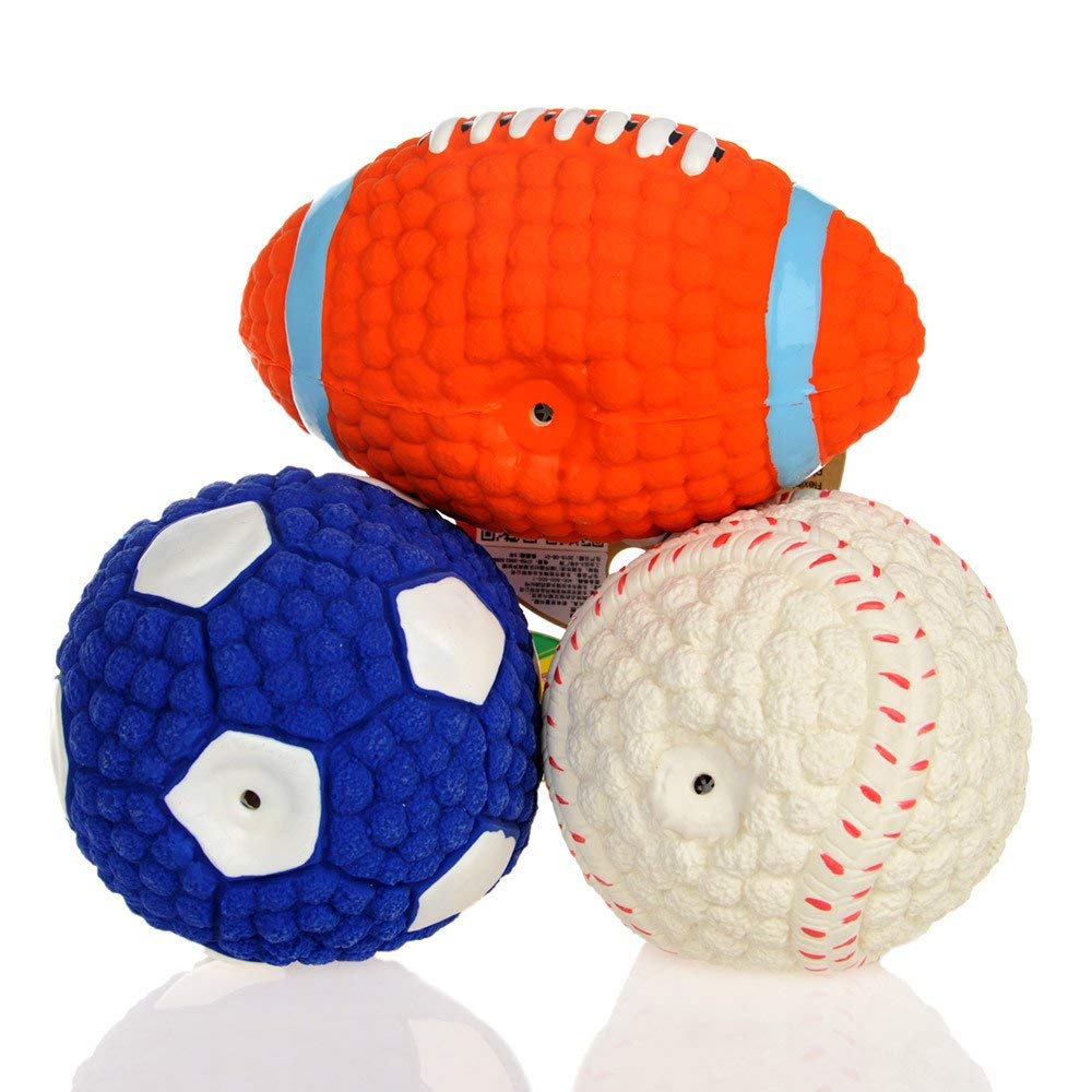 PSK PET MART 3in1 Latex Material Dogs and Puppies Squeaky Baseball Rugby Football Combo