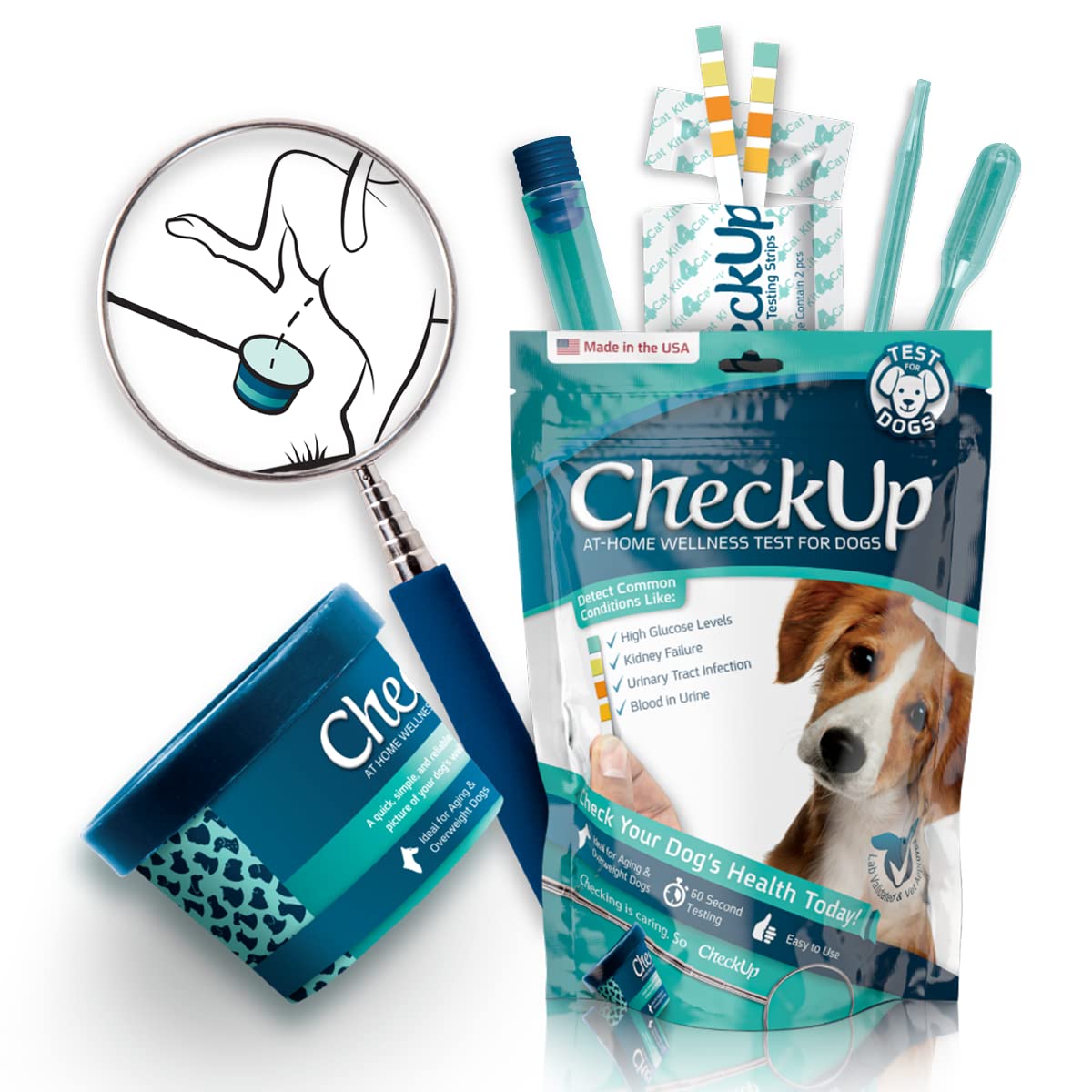 CheckUp Kit at Home Wellness Test for Dogs | Telescopic Pole, Detachable Cup & 2 Test Strips | Detects 4 Most Common Pet Health 