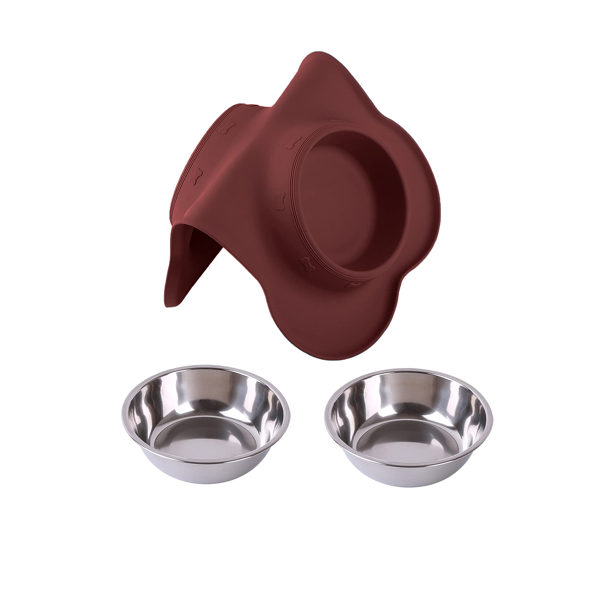 Hubulk Pet Dog Bowls - Stainless Steel with Non-Skid Silicone Mat, Small Size, Burgundy, Includes Food Scoop for Dogs and Cats