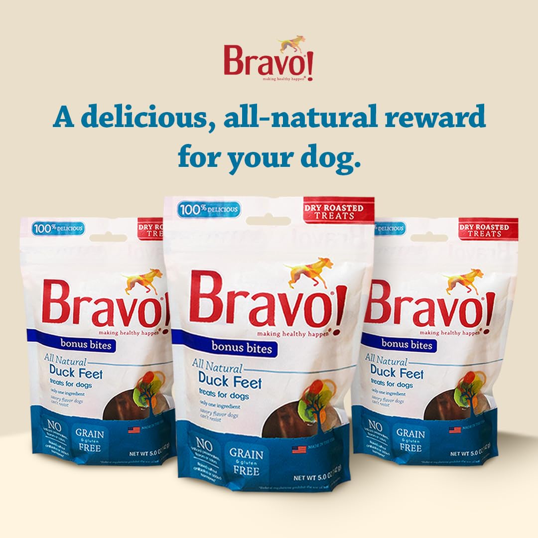 Bravo! Bonus Bites Single Ingredient Dry Roasted Dog Chews, Duck Feet, 5 Ounce, High Protein, Grain Free, Gluten Free