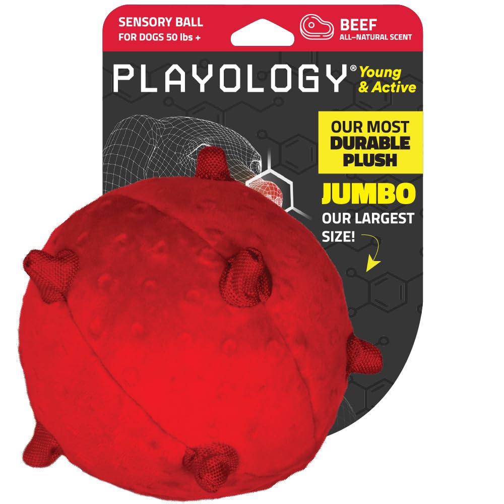 Playology Puppy Dog Ball for Sensory Development | Jumbo Sized Stuffed Chew Dog Toy with Squeaker for Puppies 50lbs & up | Engag