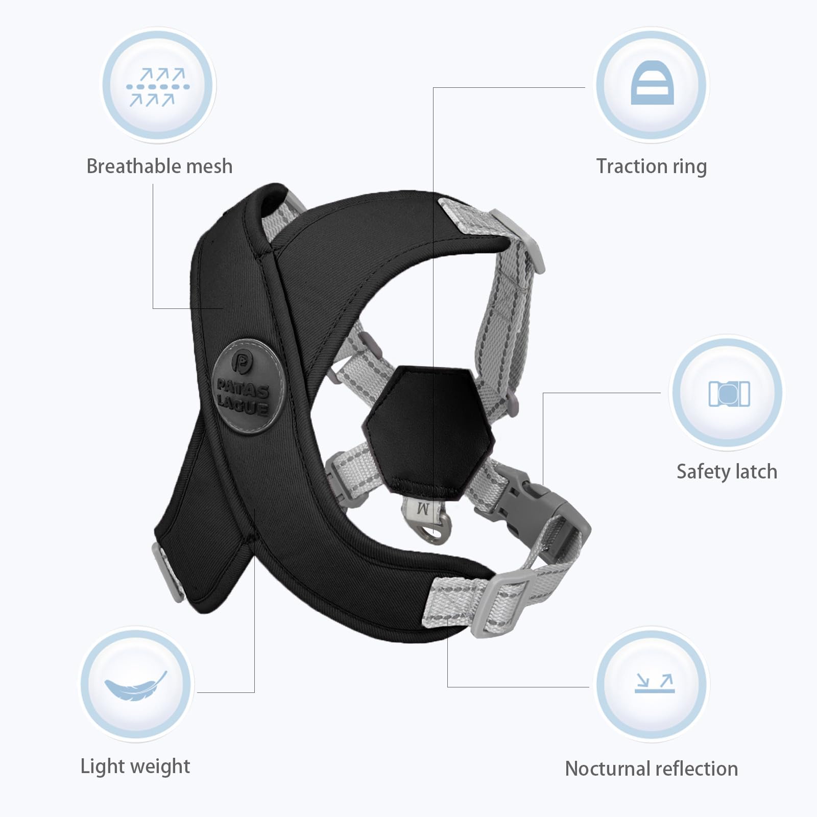 Patas Lague Adjustable Dog Harness & Leash Set, No Choke, Reflective, Soft Padded, XS, Black, Model PBD-X-HEIXS