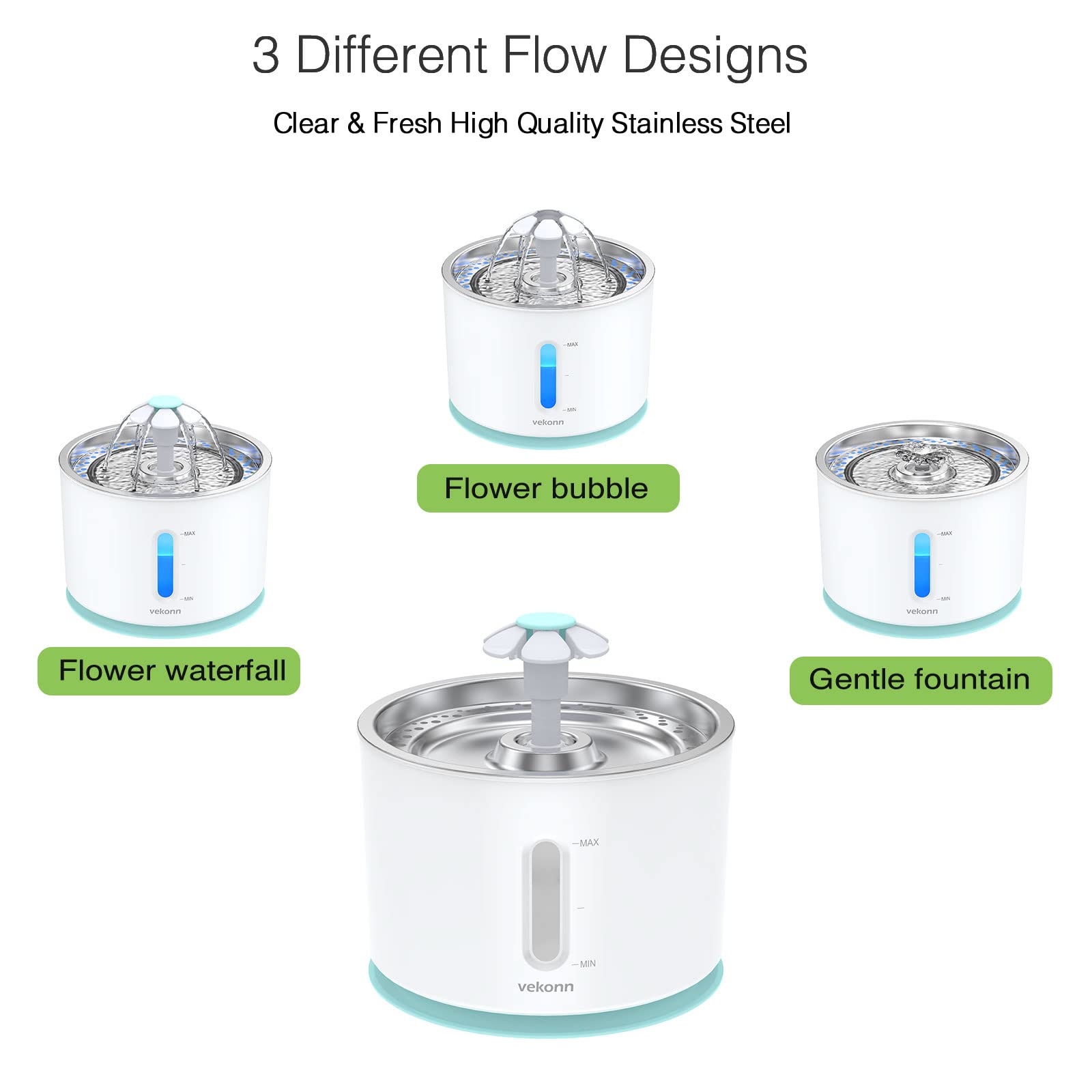 Vekonn Pet Water Fountain Stainless Steel Top for Small Dog and Cat with LED Light and Water Level Window (Green)