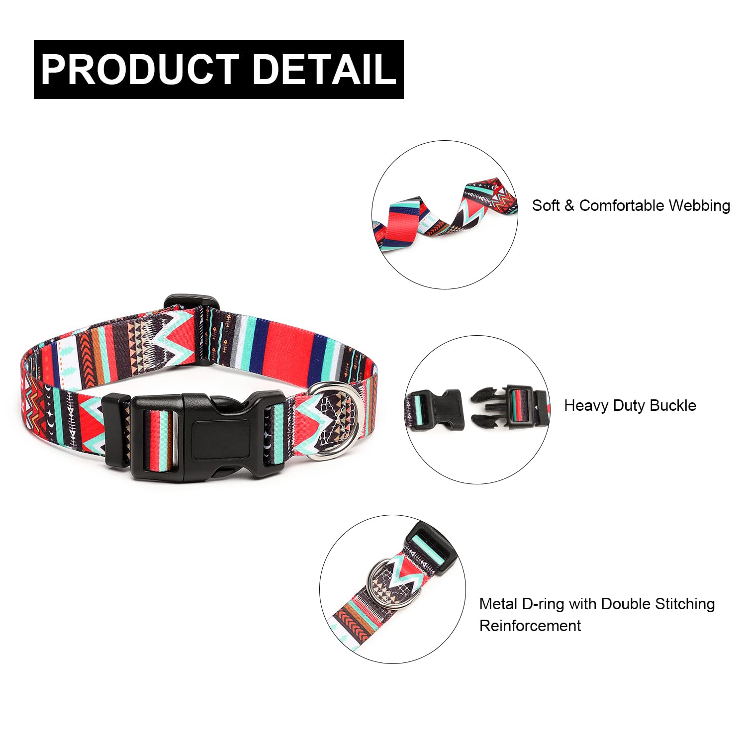 Mercano Adjustable Dog Collar - Special Design Patterns, Soft Nylon Comfortable Durable Pet Collar For Small Medium Large Dogs (M, Tribal Red)