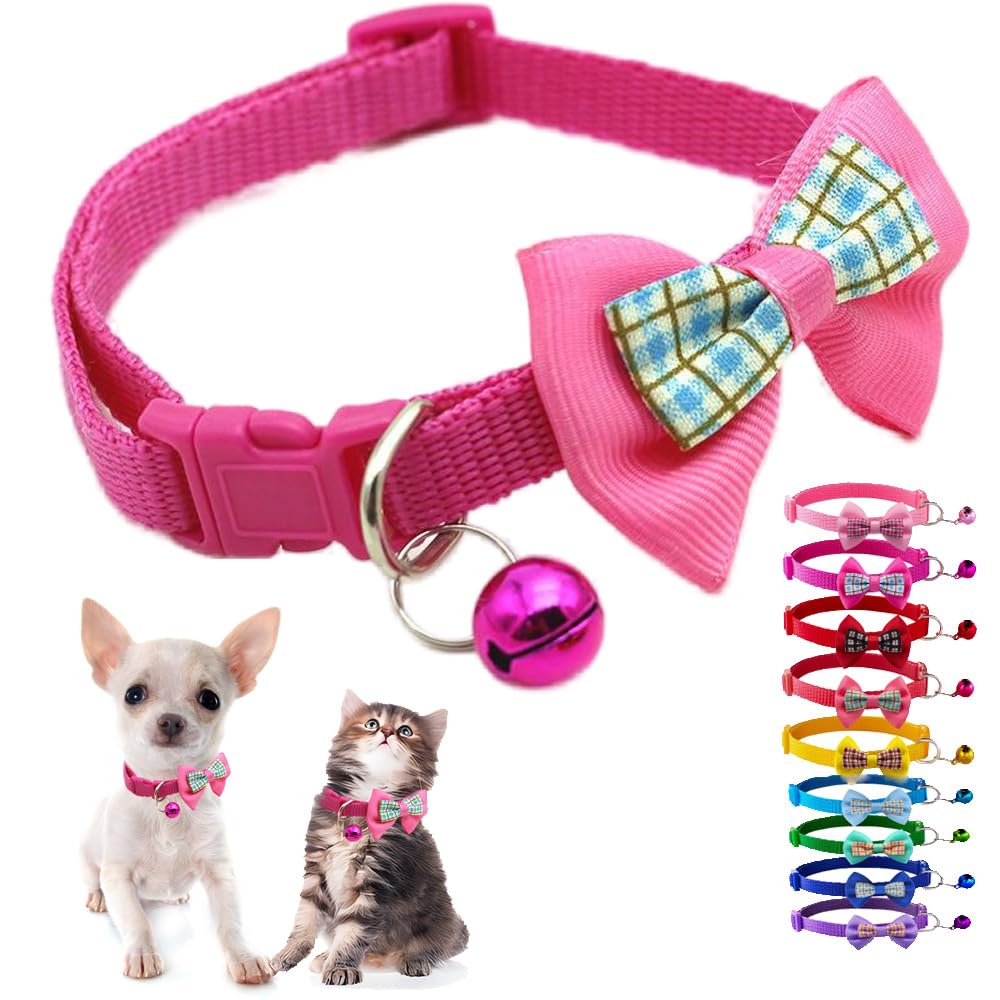 Hot Pink Kitten Collar With Bell And Bow Tie, Girl Puppy Collars Cute Adjustable Buckle For Xxs Xsmall Extra Small Cats Dogs Pup