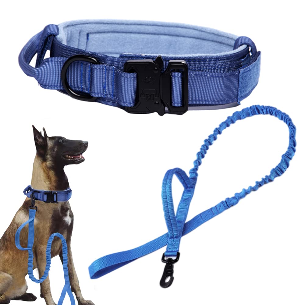 Tactical Dog Collar And Leash Set Tactical Dog Collar With Handle Bungee Leash Adjustable Military Training Nylon Collar Dog Training Collar Leash Set With Control Handle Metal Buckle (Dark Blue Xl