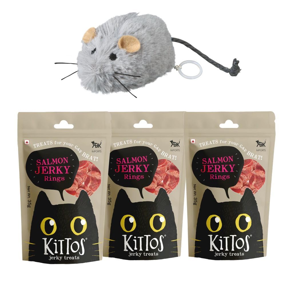 Combo Deal: Trixie Wriggle Up Plush Mouse Interactive Cat Toy 1Pc And Kittos Protein Rich Tasty Salmon Rings Cat Treats, 35 G 