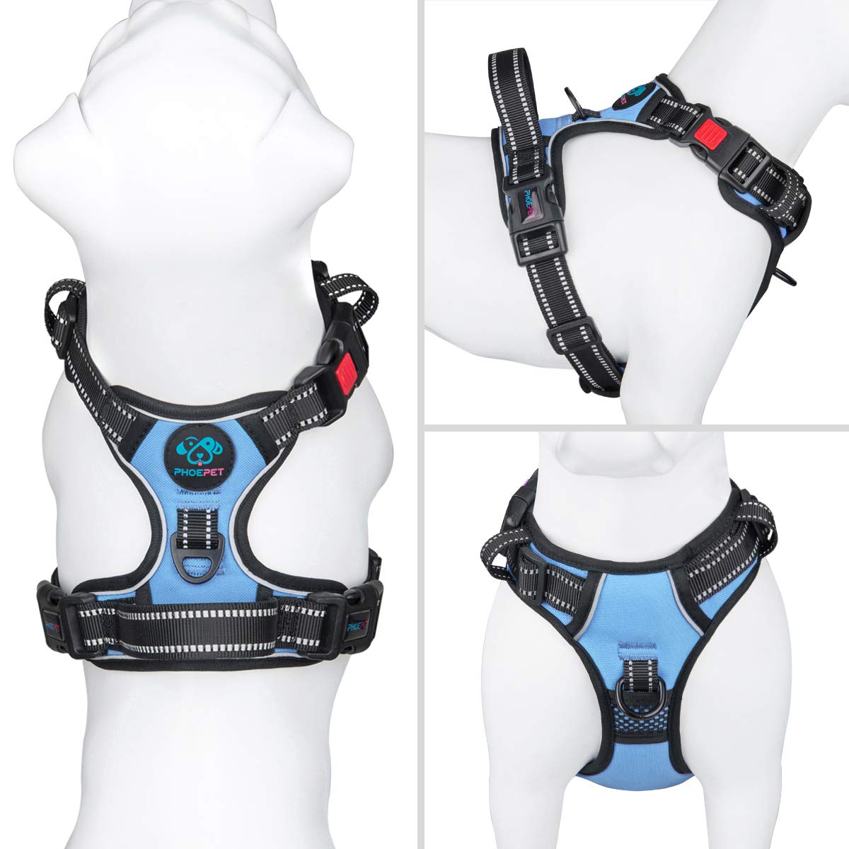 Phoepet No Pull Dog Harness Reflective Adjustable Vest With A Training Handle, Name Id Pocket, 2 Metal Leash Hooks, 3 Snap Buckles [Easy To Put On & Take Off](M, Baby Blue)