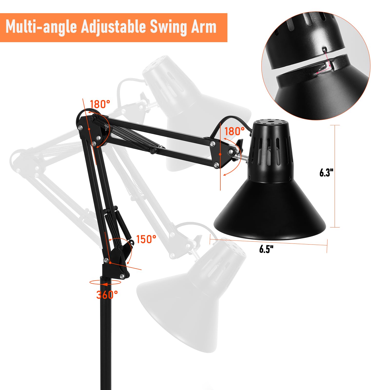 DXOVEEN Reptile Heat Lamp Fixture with Adjustable Swing Arm, 15.7-74.3in, Black, Model LP01 for Bearded Dragons, Turtles, Snakes, and