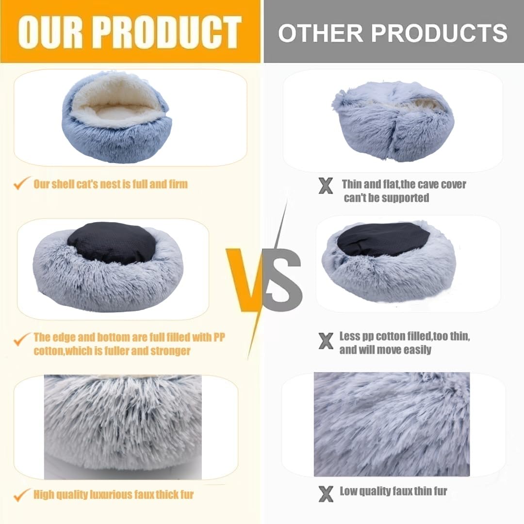 Zanesun Calming Round Dog Bed & Cat Cave With Hooded Cover, Plush Fluffy Anti-Anxiety Bed, Waterproof Bottom Washable (Grey, 20X