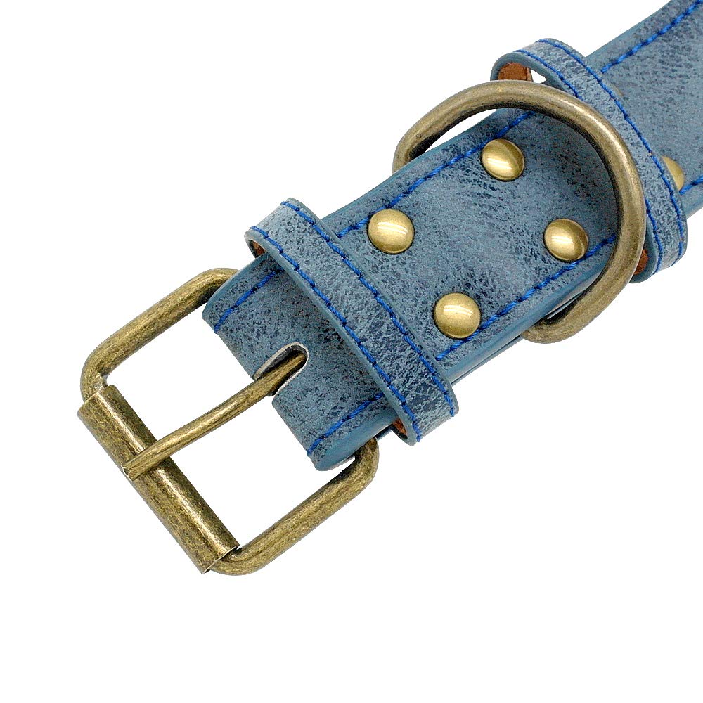Berry Pet 2' Spiked Leather Dog Collar - Anti-Bite Sharp Rivet Studded For Pit Bull Medium Large Dogs,Blue Neck For 18.5-23.5' Total Length 25.5'