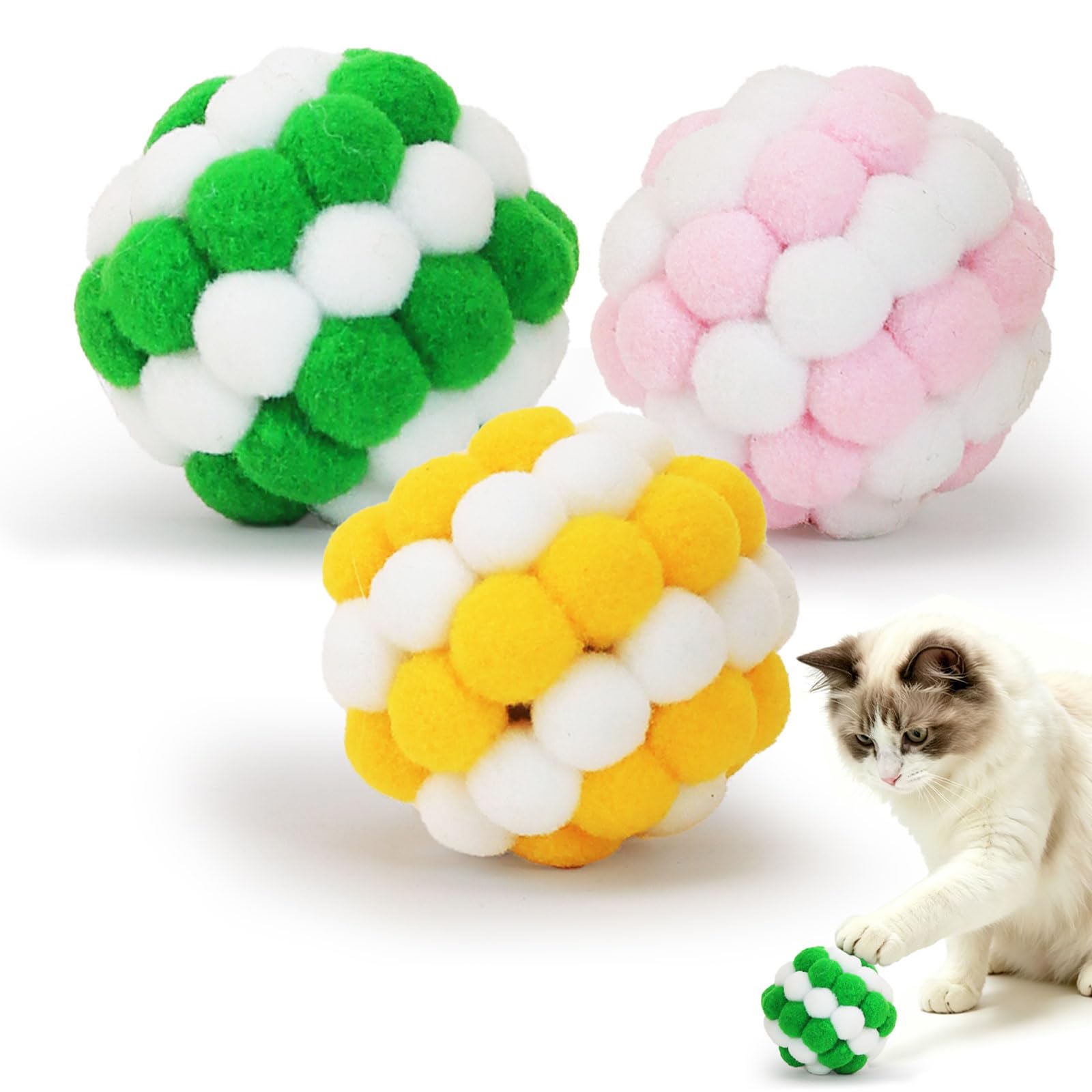 Meowaroma Cat Toy Balls With Crinkle Sound 3Pack, 2Inch Soft Plush Pom Pom Balls For Indoor Cats & Kittens, Colorful Fuzzy Int