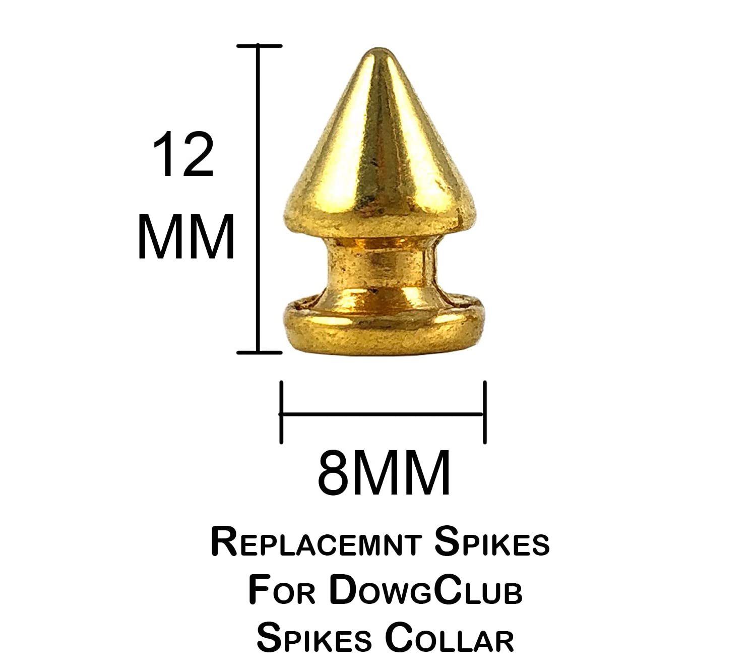 Replacement Metal Spikes For Dowgclub Genuine Leather Spike Dog Collar In Golden Color (Pack Of 10, Gold)