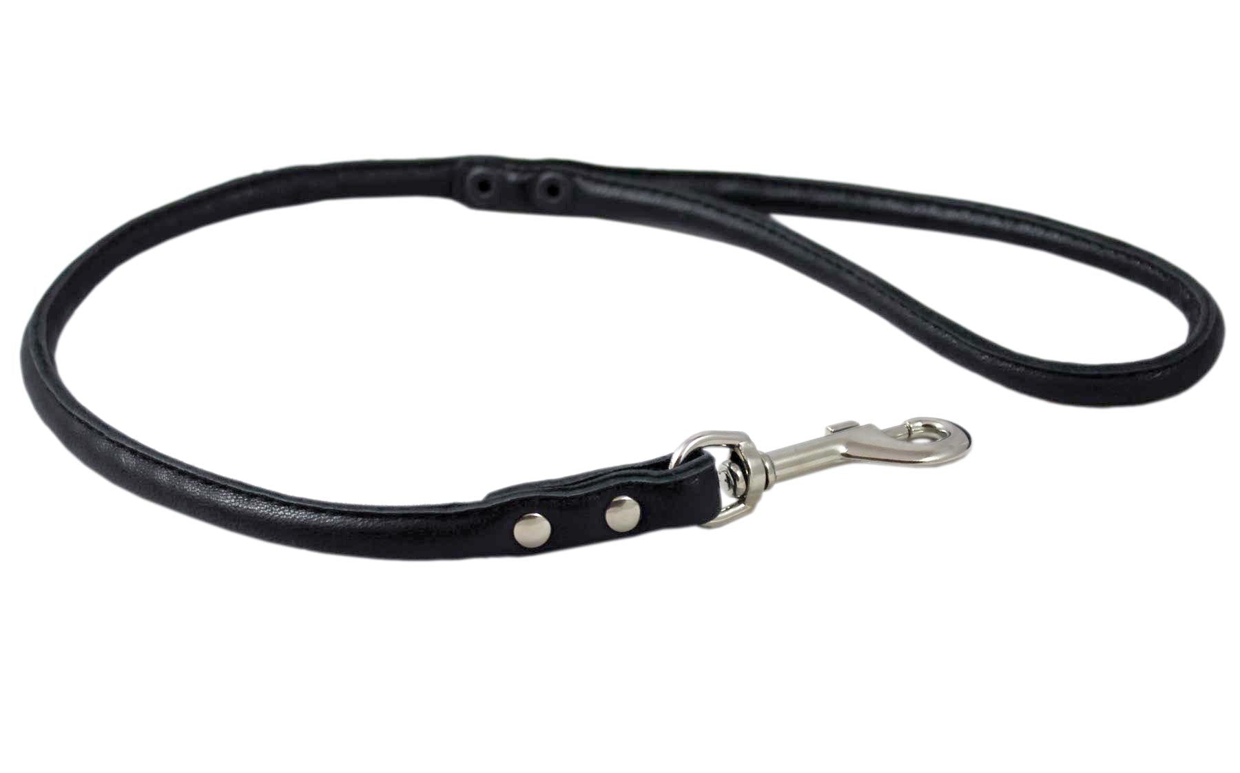 Round Genuine Rolled Leather Dog Short Leash 24 Long 3/8 Wide Black For Medium Breeds