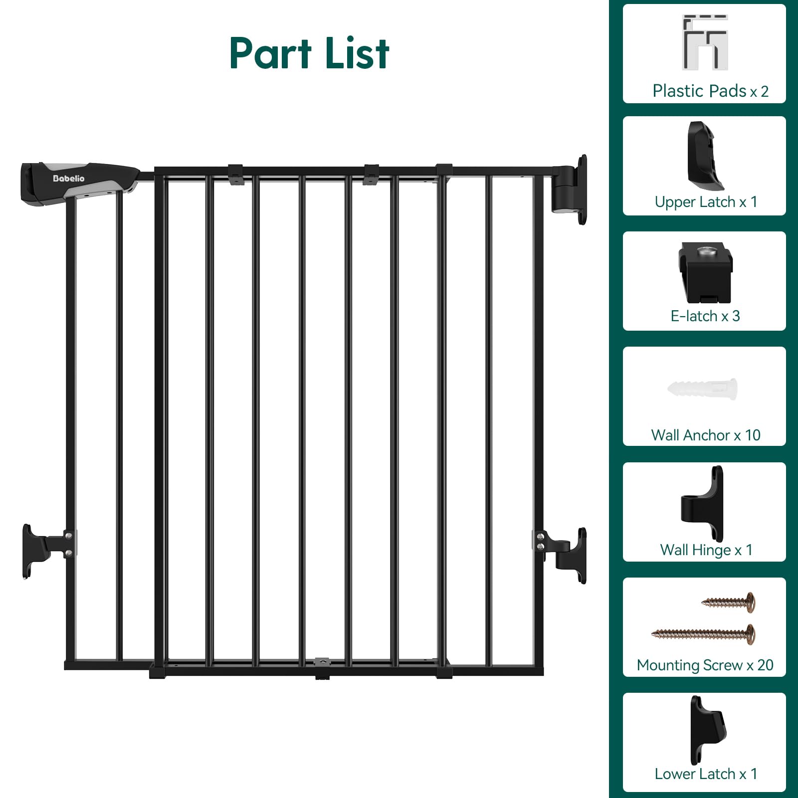 BABELIO 34" Extra Tall Baby/Dog Gate - Auto Close, No Threshold, Fits 26-43" Doorways, Black, Alloy Steel, Model CB-M-101