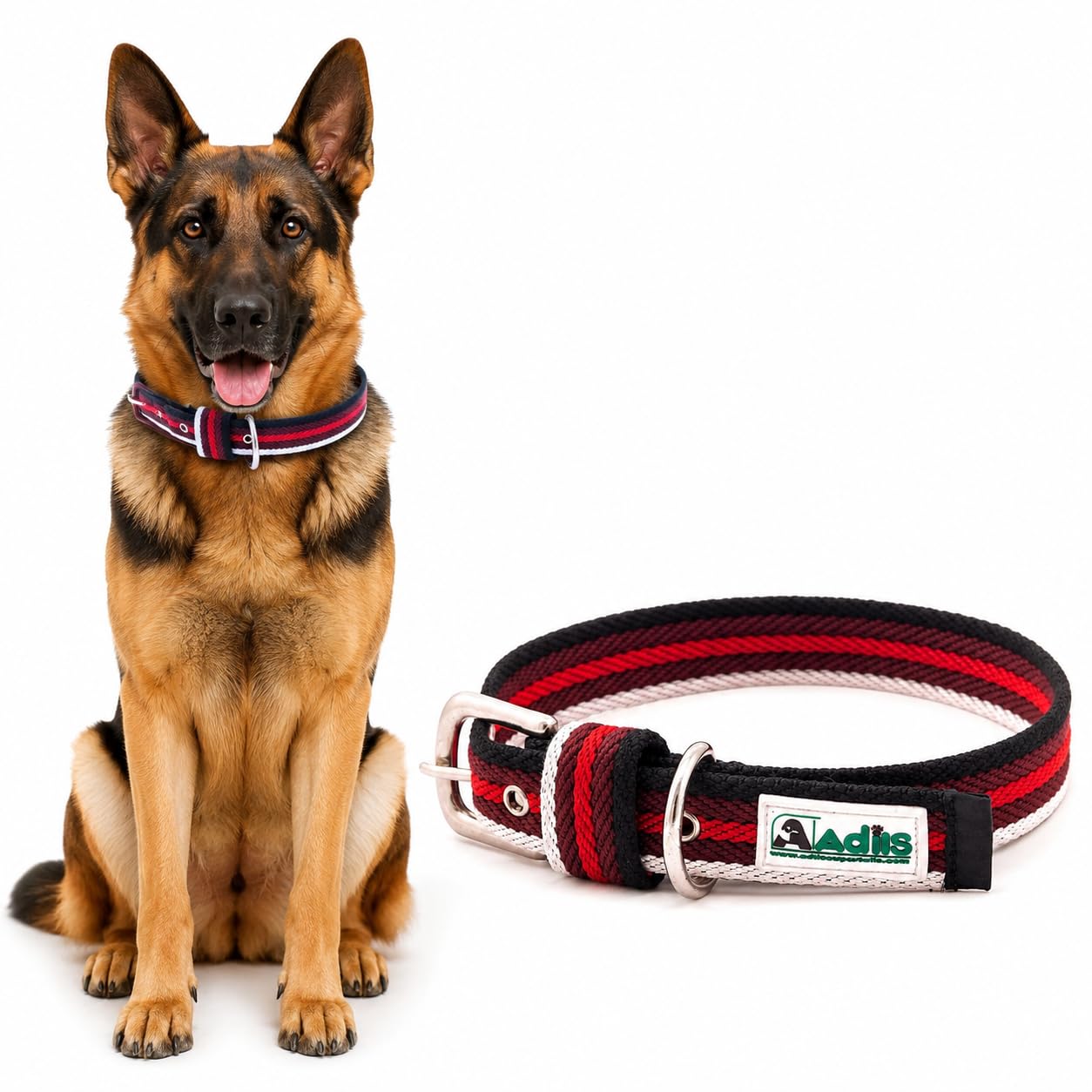 AdilS Multi Colour Cotton Dog Collars For Small, Medium And Large Dogs, Adjustable Collar With Metal Buckle & DRing, Red Black 