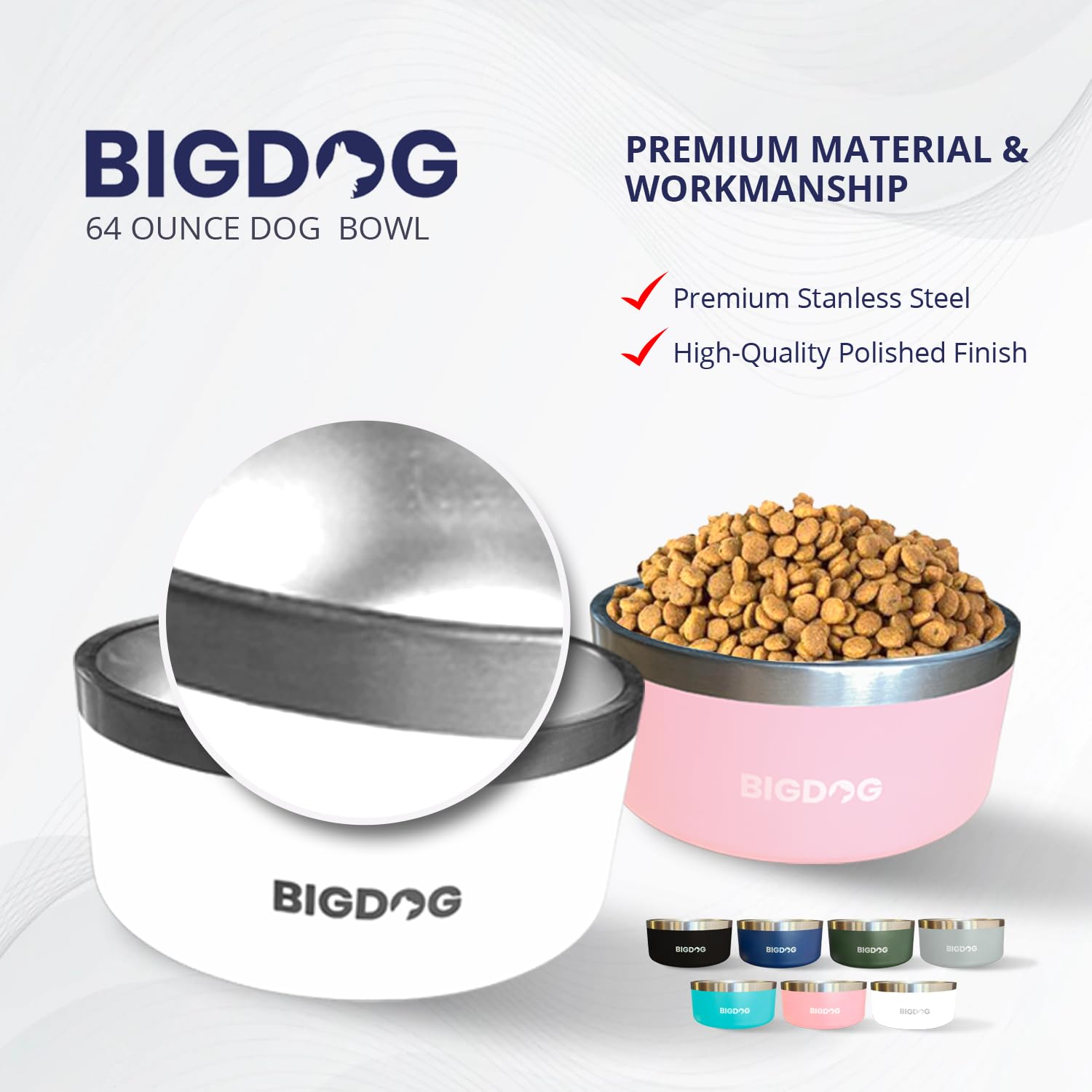 Bigdog Bowl, Heavy Duty, Stainless Steel, Non Slip, Large Capacity, For Big Tall Dogs, Holds 64 Ozs, Blue