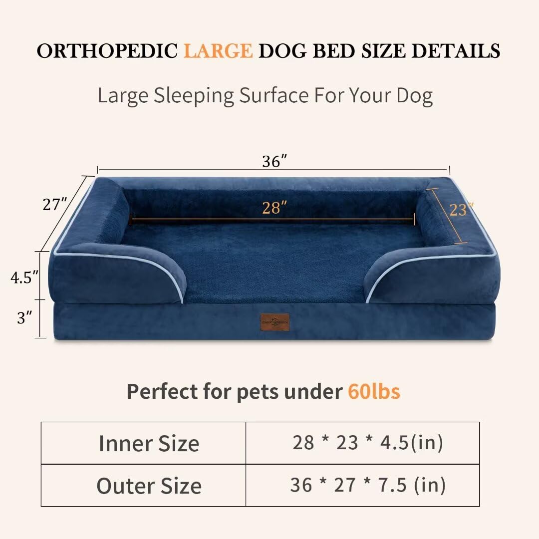 Comfort Expression Large Dog Bed - Waterproof Orthopedic Foam, 36"x27", Navy Blue, Washable Cover, Non-Slip Bottom