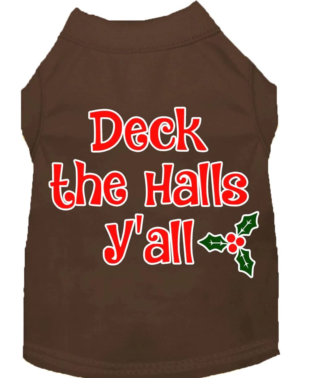 Christmas Pet Dog & Cat Shirt Screen Printed, "Deck The Halls, Y'all" Brown XL (14-20 lbs.)