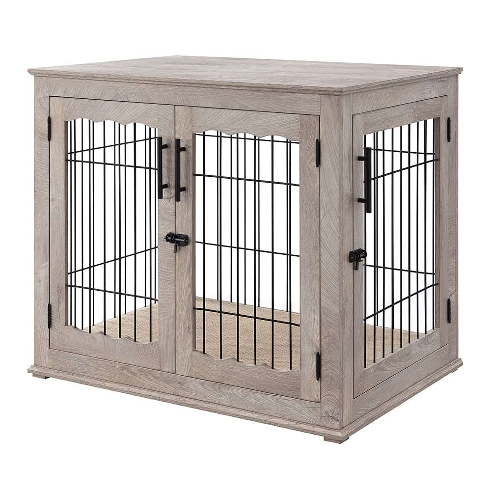 Beenbkks Furniture Style Dog Crate End Table, Double Doors Wooden Wire Dog Kennel With Pet Bed, Decorative Pet Crate Dog House Indoor Medium Large