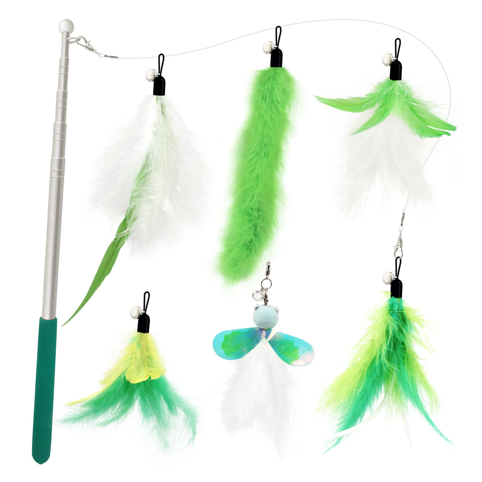 Songway Cat Feather Toys Wand - 7 Pcs Interactive Cat Toys For Indoor Cat Kitten, Retractable Cat Wand Toy With 6 Natural Feather Refills With Bell, Cat Fishing Pole Toy