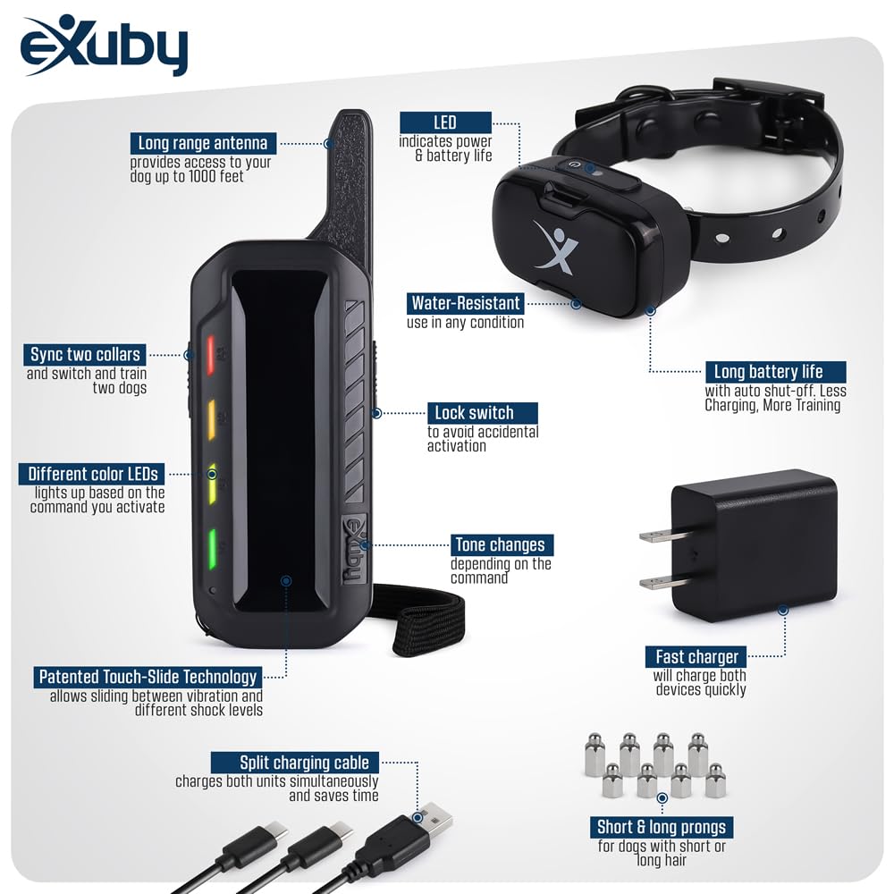 eXuby Touch-Slide Control Shock Collar for Medium to Large Dogs - Black, EXB-TZ923-RX17, Adjustable Vibration & Shock Settings