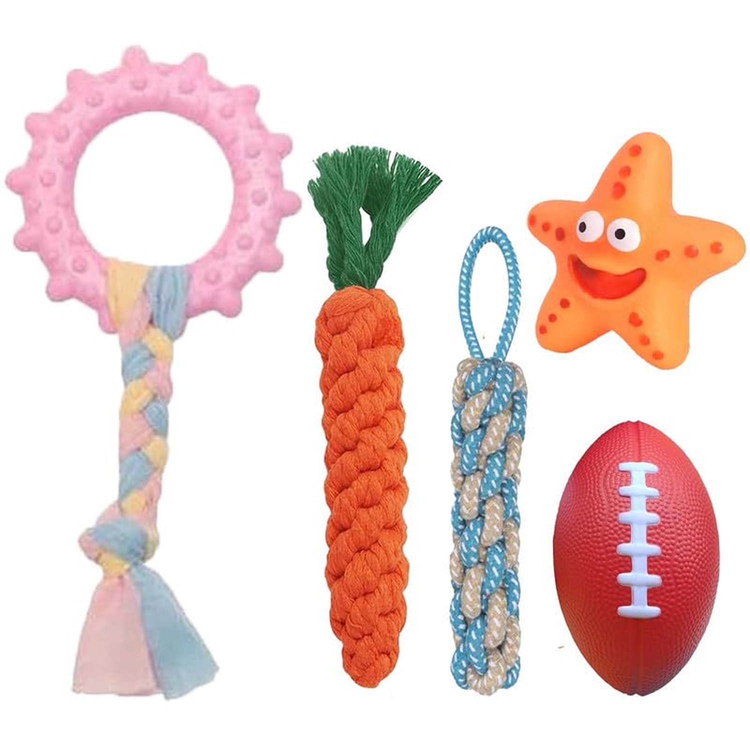 Pawise Pack Of 5 Dog Cotton And Rubber Toy,2 Knot Rope Toy, Bone Teething Toy, Durable Puppy Chew Toy, Squeaky Toy, NonToxic Do