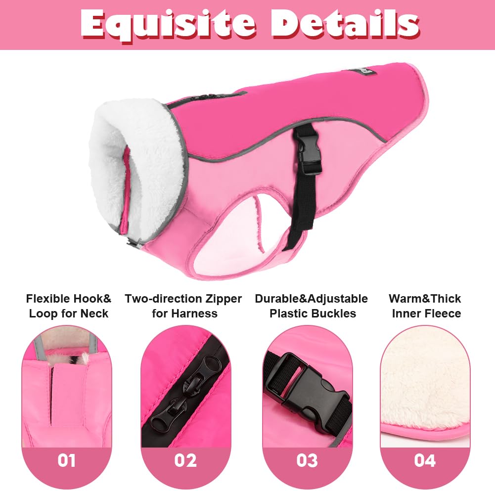 EMUST Winter Jacket for Medium Dogs, Cozy Windproof Vest for Cold Weather, Solid Color, New Pink, M