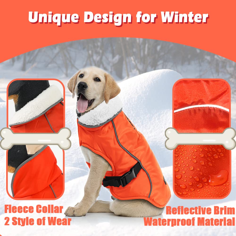 EMUST Dog Winter Coat, Waterproof Fleece Lining, X-Large, Orange, Warm Jacket for Large Dogs