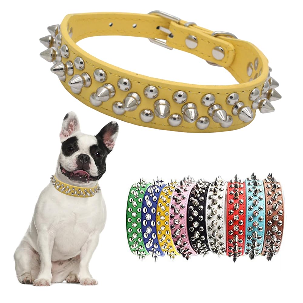 Yellow Spiked Dog Collar For Small Dogs,Mushroom Rivet Spike Puppy Collars Girls Boys Leather Studded Cat Collar Metal Buckle Du