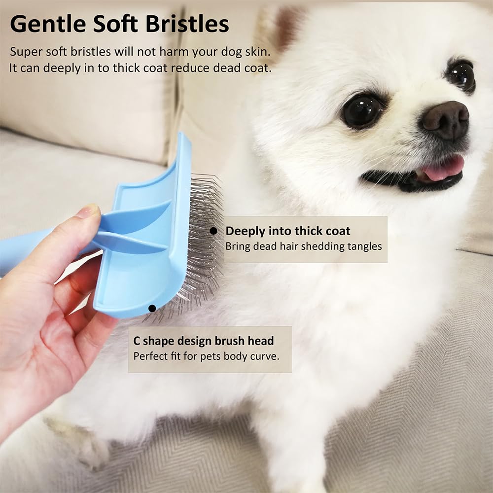 LBMBAIC Slicker Brush for Dogs & Cats - Curved, Soft Pins for Thick Fur - Blue
