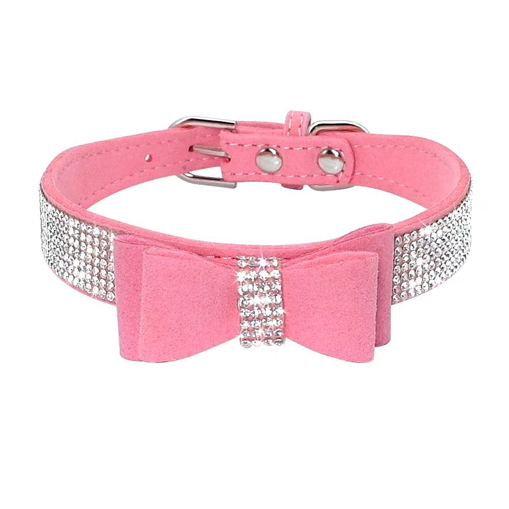Beirui Rhinestone Bling Leather Dog & Cat Collar - Flocking Sparkly Crystal Diamonds Studded - Cute Double Bowknot For Pet Show & Daily Walking,Pink,Medium Neck Fit 12.5-15'