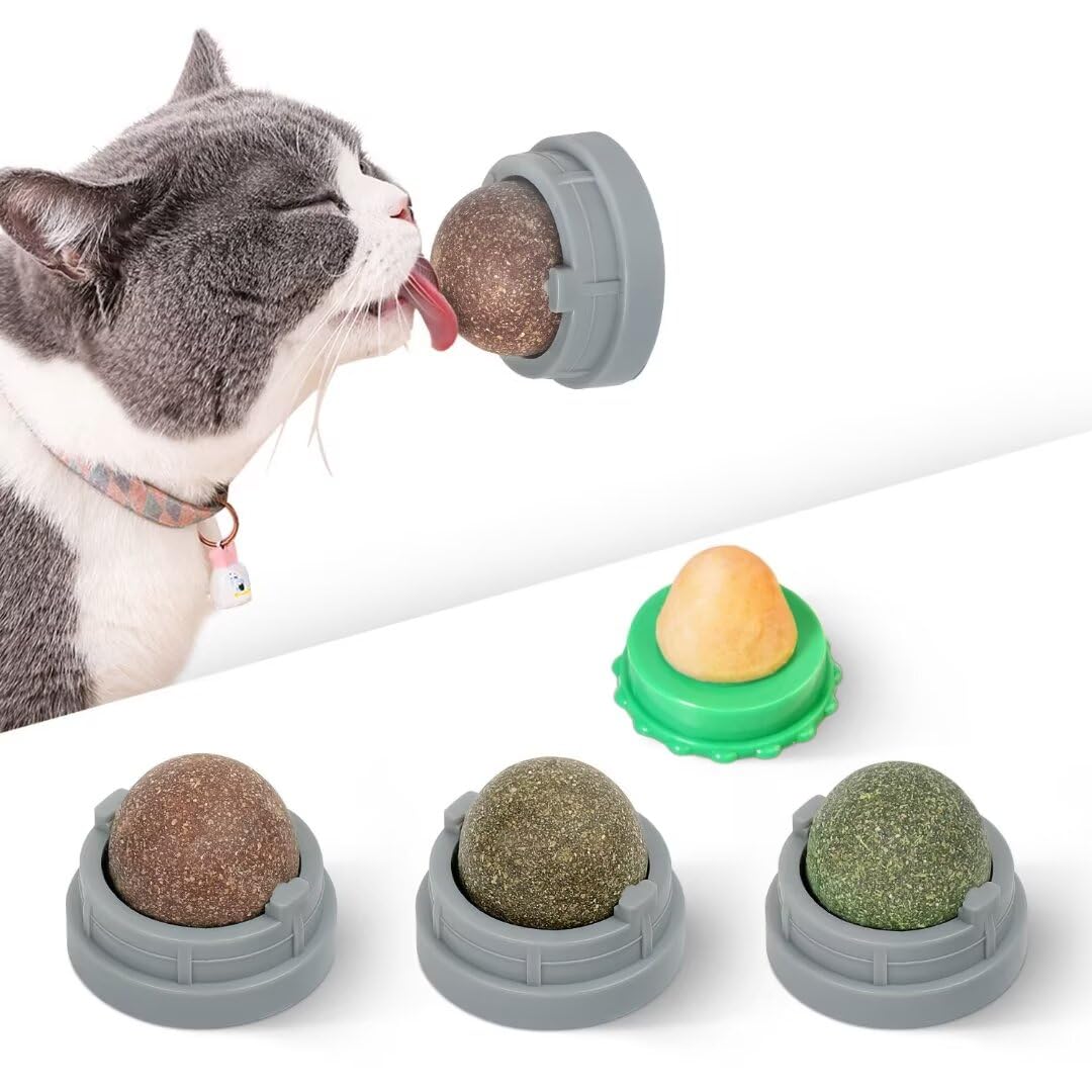 Potaroma Catnip Silvervine Balls 4 Pcs Extra Cat Energy Ball, Edible Kitten Lick, Teeth Cleaning Dental Chew Wall Treats for All