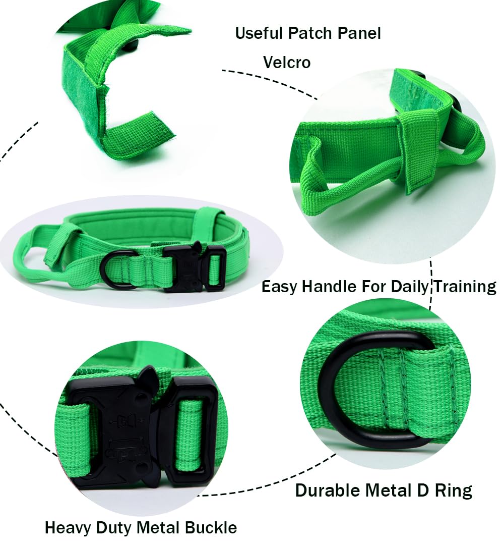 Xqpetlihai Tactical Dog Collar Military Dog Collar Adjustable Nylon Dog Collar Heavy Duty Metal Buckle With Handle For Dog Training (Bright Green,Xxl)