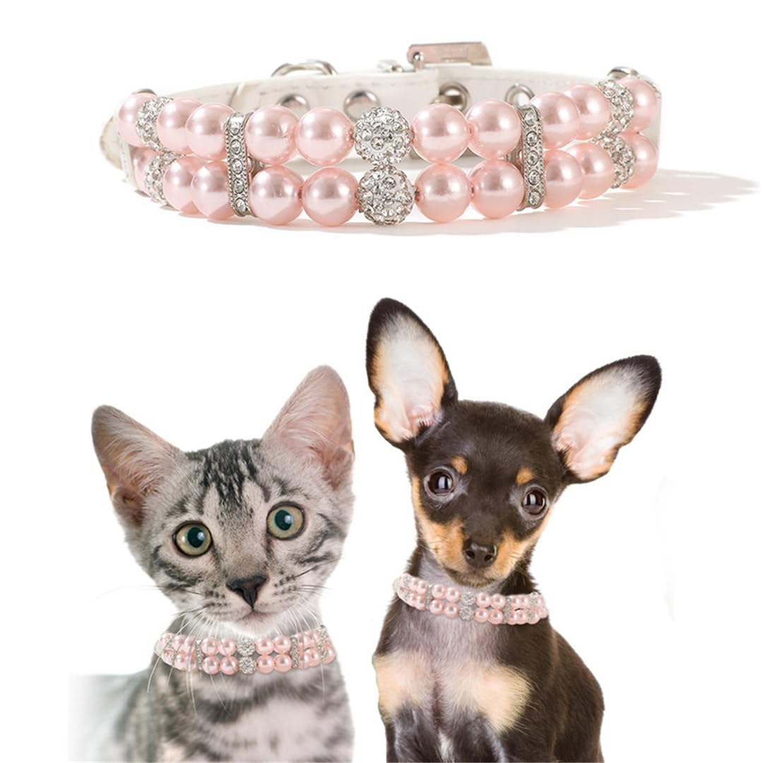 Pink Pearl Dog Collars For Small Dogs, Pearl Cat Collar Pu Leather, Female Dogs Necklace With Crystal Rhinestone Jewlled For Puppy Kitten Xs Small Medium Dogs Wedding & Birthday Gift, S