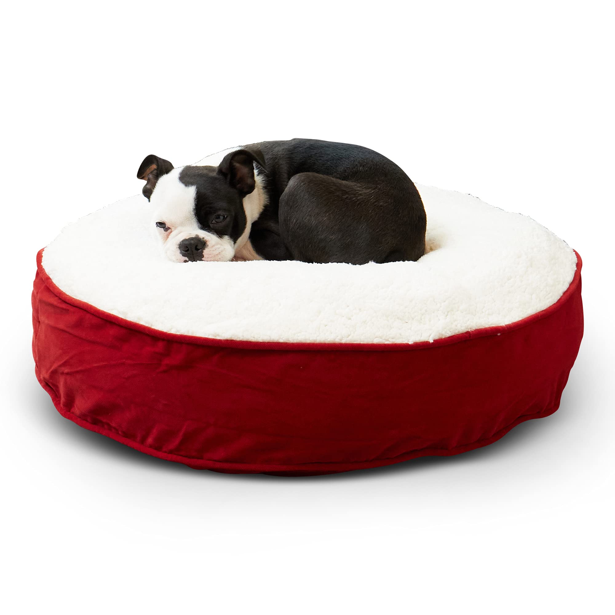 Happy Hounds Scout Deluxe Round Pillow Style Sherpa Dog Bed, Extra Small (24 X 24 In.), Red